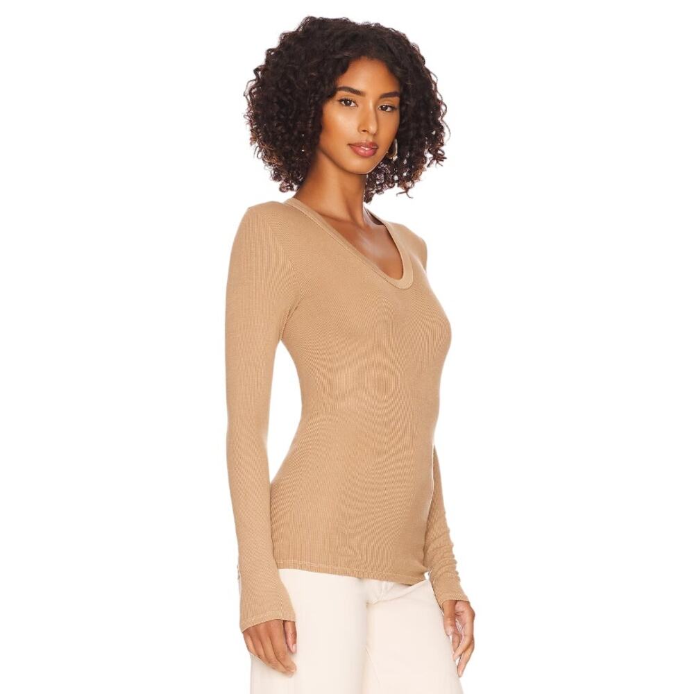Enza Costa Sand Tan Ribbed U Neck Long Sleeve Top - Picture 2 of 10